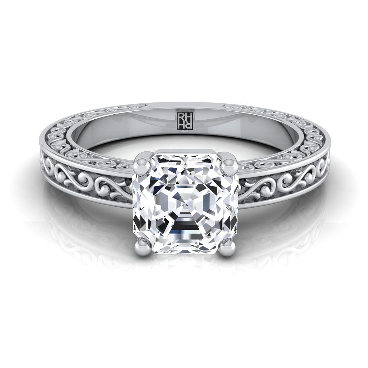 แหวนหมั้นทองคำขาว 14K Asscher Cut สลักด้วยมือ Scroll Vintage Solitaire