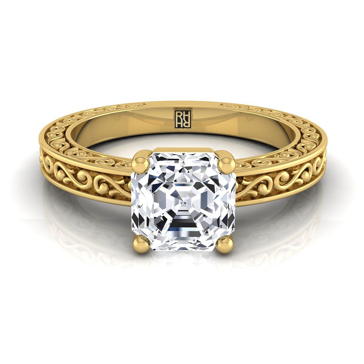 แหวนหมั้นทอง 18K Asscher Cut มือแกะสลักสกรอลล์วินเทจเล่นไพ่คนเดียว