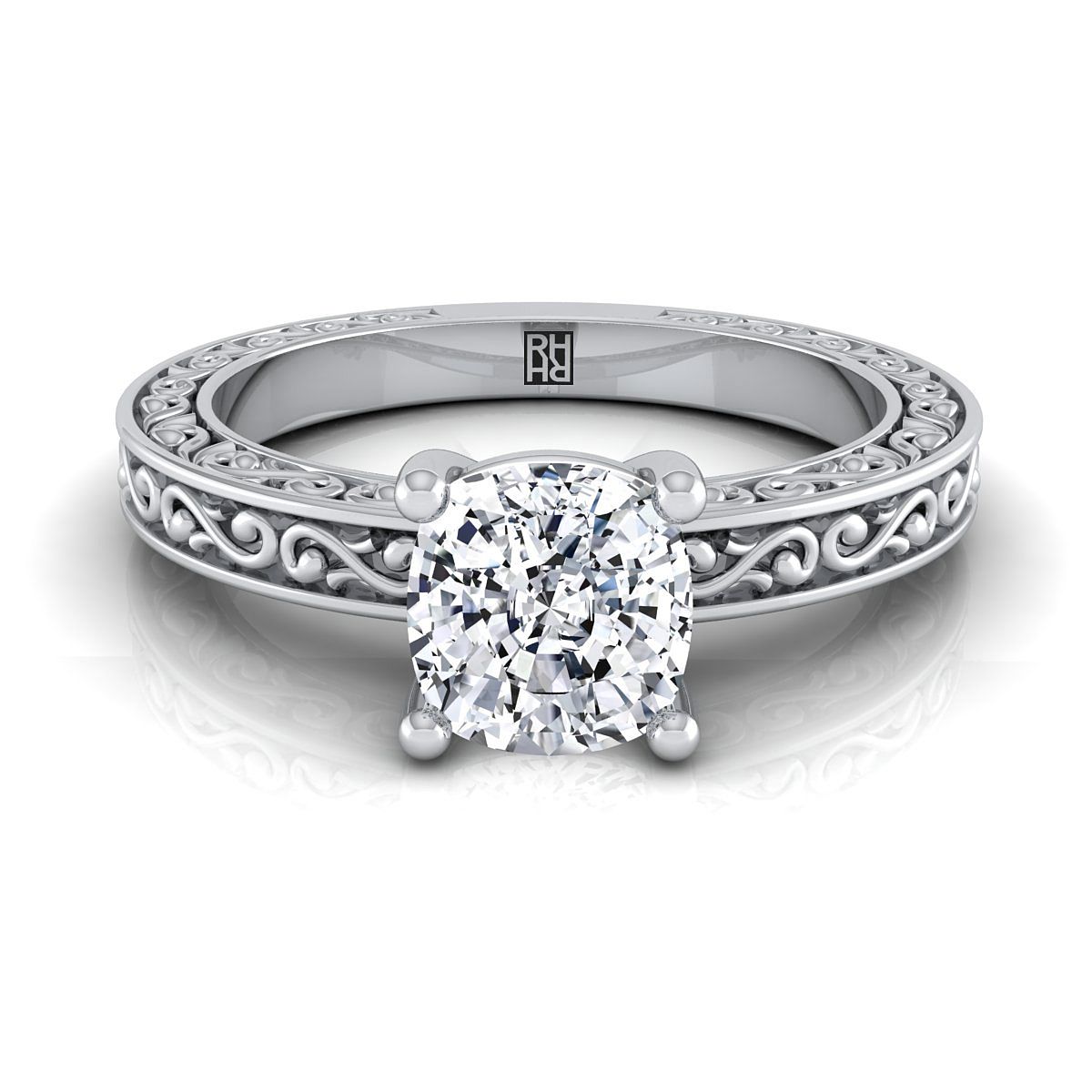 18K White Gold Cushion Hand Engraved Scroll Vintage Solitaire Engagement Ring