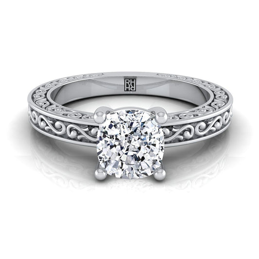 18K White Gold Cushion Hand Engraved Scroll Vintage Solitaire Engagement Ring