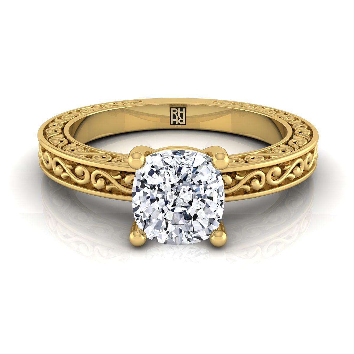 14K Yellow Gold Cushion Hand Engraved Scroll Vintage Solitaire Engagement Ring