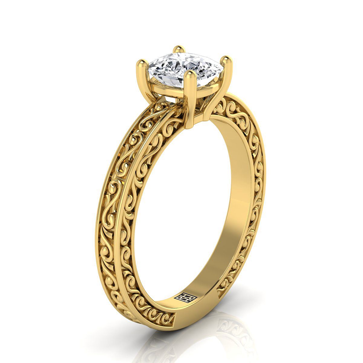 14K Yellow Gold Cushion Hand Engraved Scroll Vintage Solitaire Engagement Ring