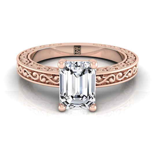 14K Rose Gold Emerald Cut มือแกะสลักแหวนหมั้น Vintage Solitaire