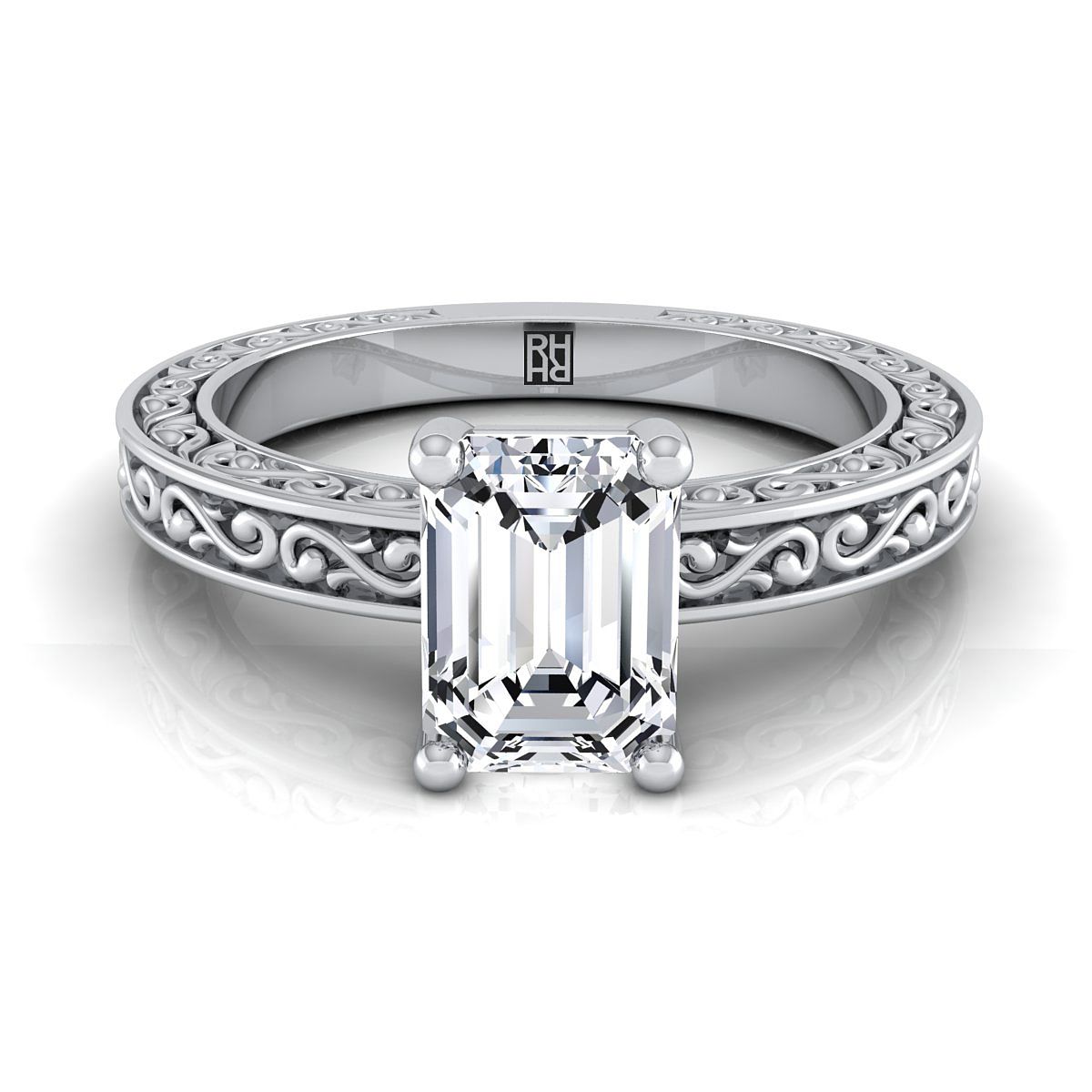 18K White Gold Emerald Cut Hand Engraved Scroll Vintage Solitaire Engagement Ring