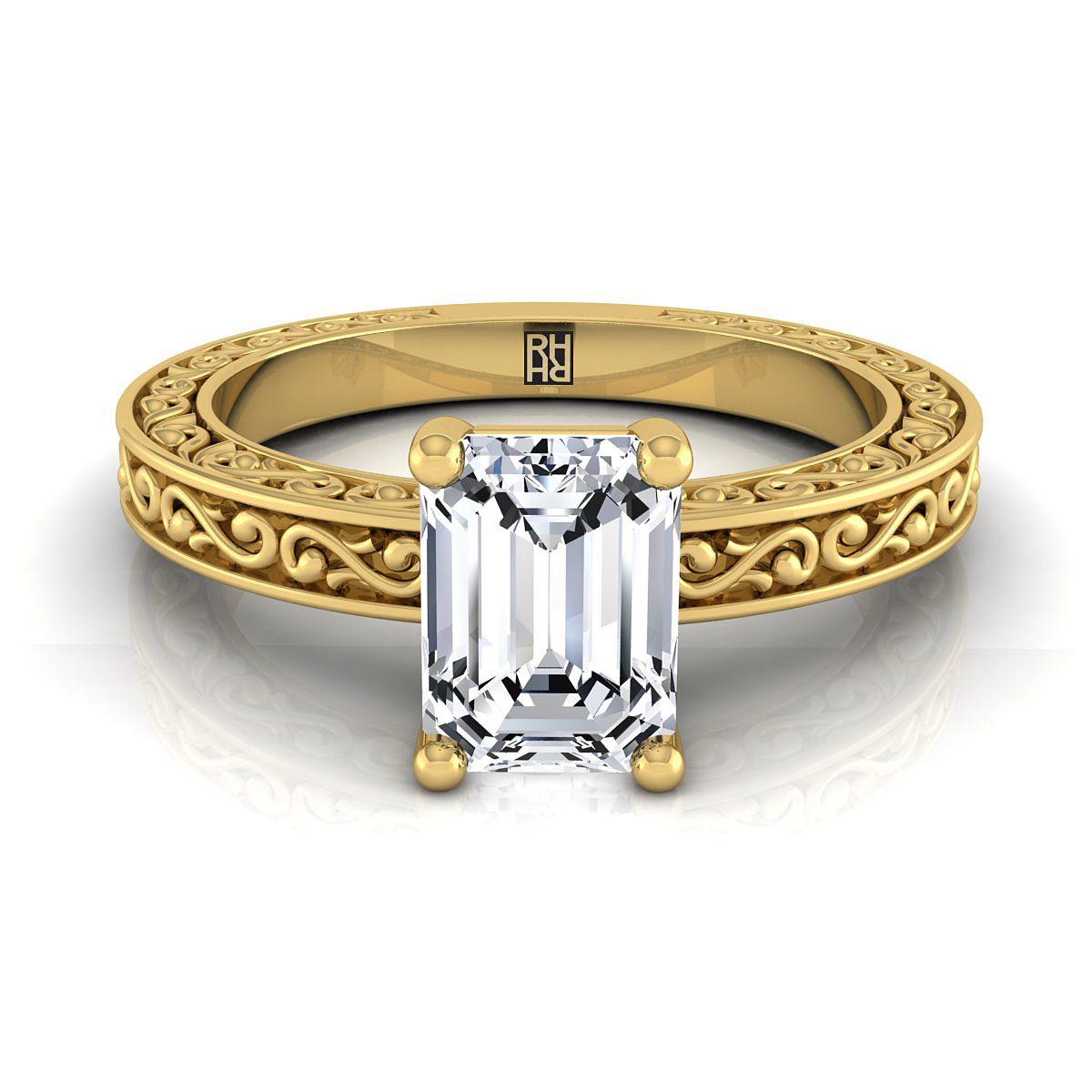 14K Yellow Gold Emerald Cut Hand Engraved Scroll Vintage Solitaire Engagement Ring