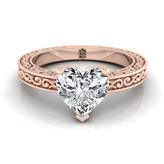 14K Rose Gold Heart Shape Center Hand Engraved Scroll Vintage Solitaire Engagement Ring