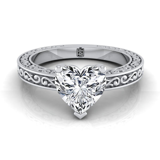 Platinum Heart Shape Center Hand Engraved Scroll Vintage Solitaire Engagement Ring