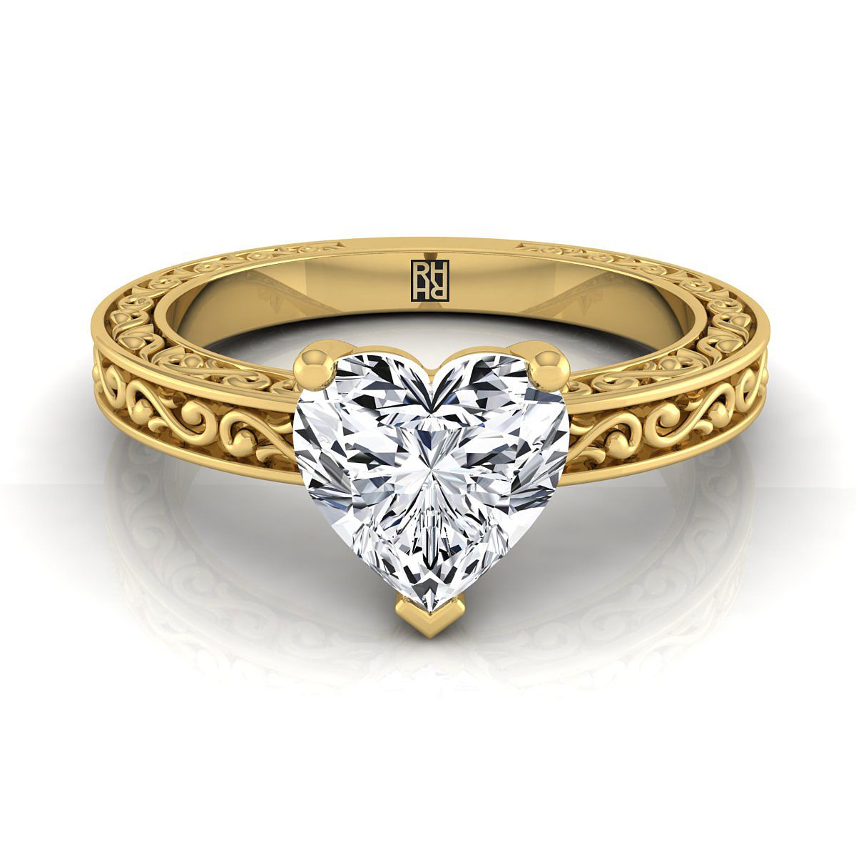 18K Yellow Gold Heart Shape Center Hand Engraved Scroll Vintage Solitaire Engagement Ring