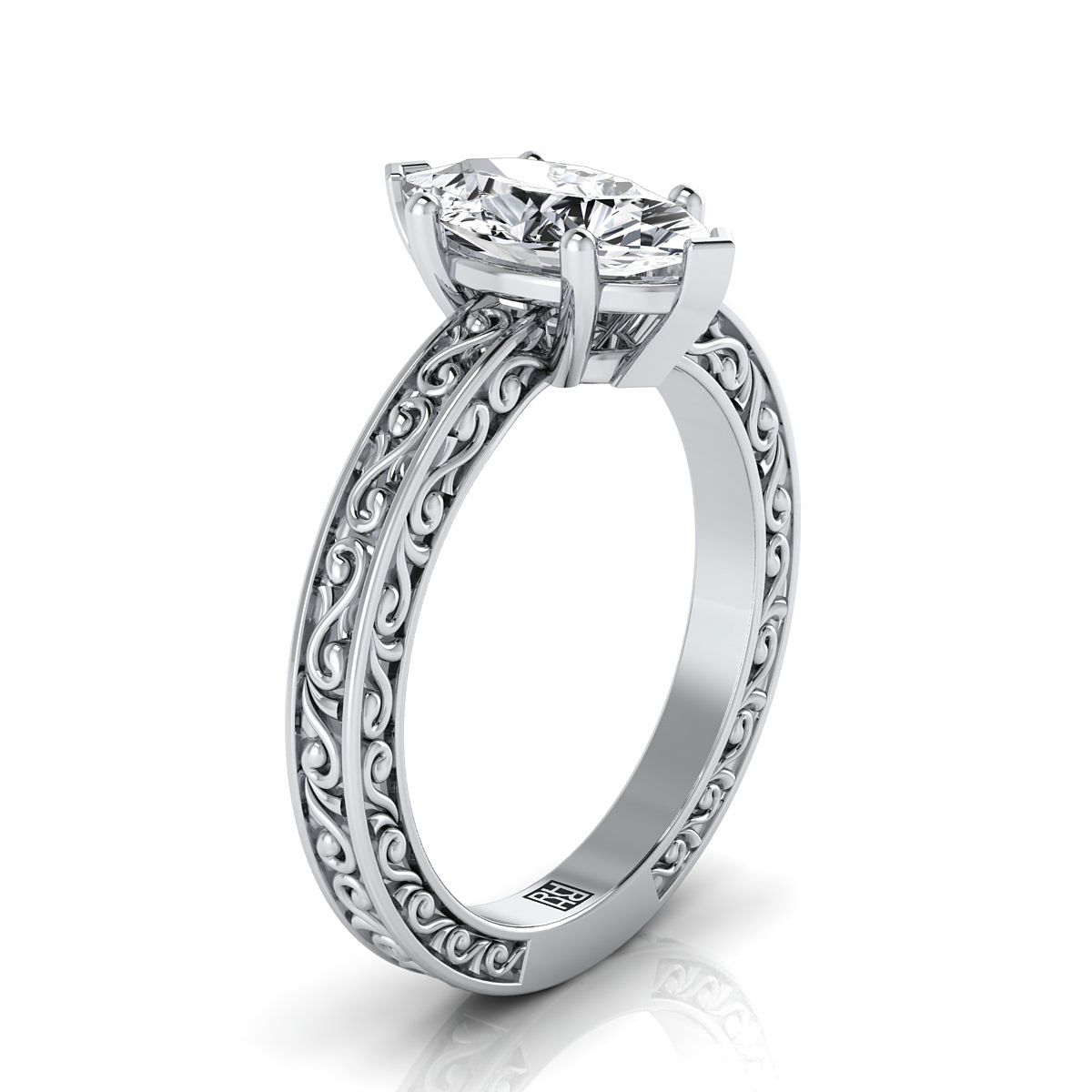 14K White Gold Marquise  Hand Engraved Scroll Vintage Solitaire Engagement Ring