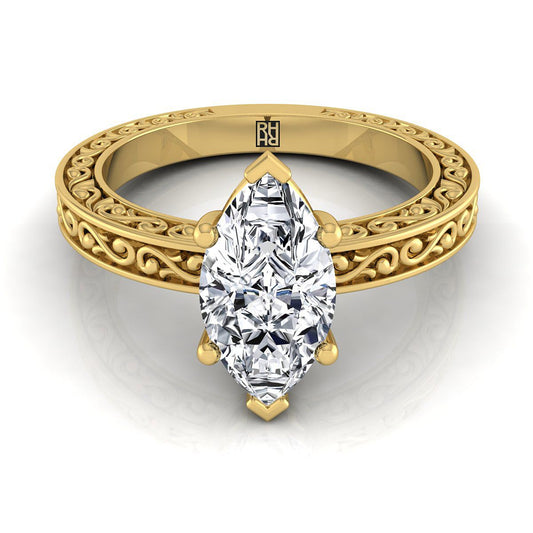 18K Yellow Gold Marquise  Hand Engraved Scroll Vintage Solitaire Engagement Ring