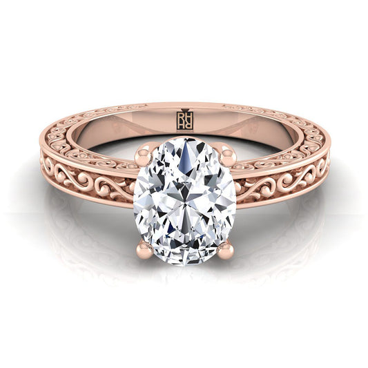 14K Rose Gold Oval Hand Engraved Scroll Vintage Solitaire Engagement Ring