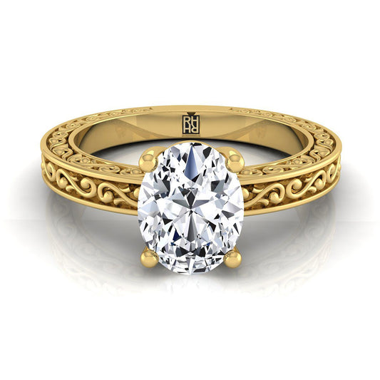 18K Yellow Gold Oval Hand Engraved Scroll Vintage Solitaire Engagement Ring