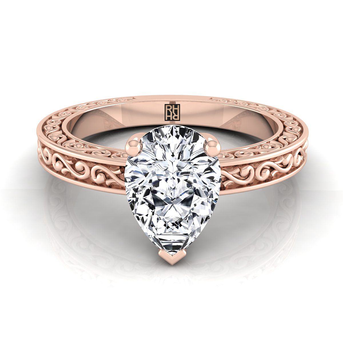 14K Rose Gold Pear Shape Center มือแกะสลักแหวนหมั้น Vintage Solitaire