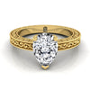 14K Yellow Gold Pear Shape Center มือแกะสลักแหวนหมั้น Vintage Solitaire