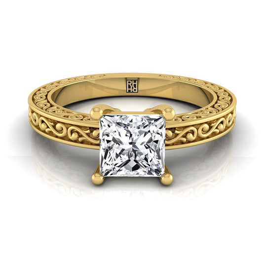 18K Yellow Gold Princess Cut Hand Engraved Scroll Vintage Solitaire Engagement Ring