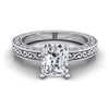 Platinum Radiant Cut Center Hand Engraved Scroll Vintage Solitaire Engagement Ring