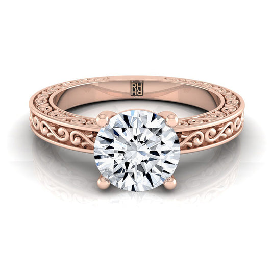 14K Rose Gold Round Brilliant HandแกะสลักScroll Vintage Solitaireแหวนหมั้น