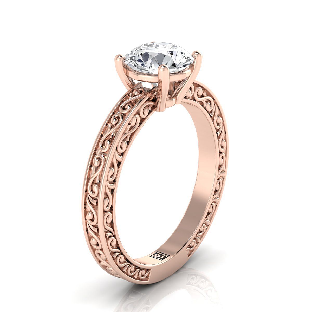 14K Rose Gold Round Brilliant HandแกะสลักScroll Vintage Solitaireแหวนหมั้น