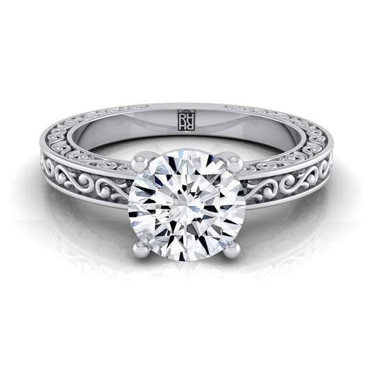 Platinum Round Brilliant Hand Engraved Scroll Vintage Solitaire Engagement Ring