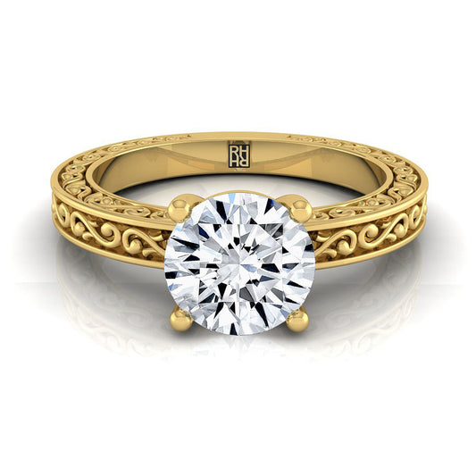 14K Yellow Gold Round Brilliant HandแกะสลักScroll Vintage Solitaire Engagement Ring