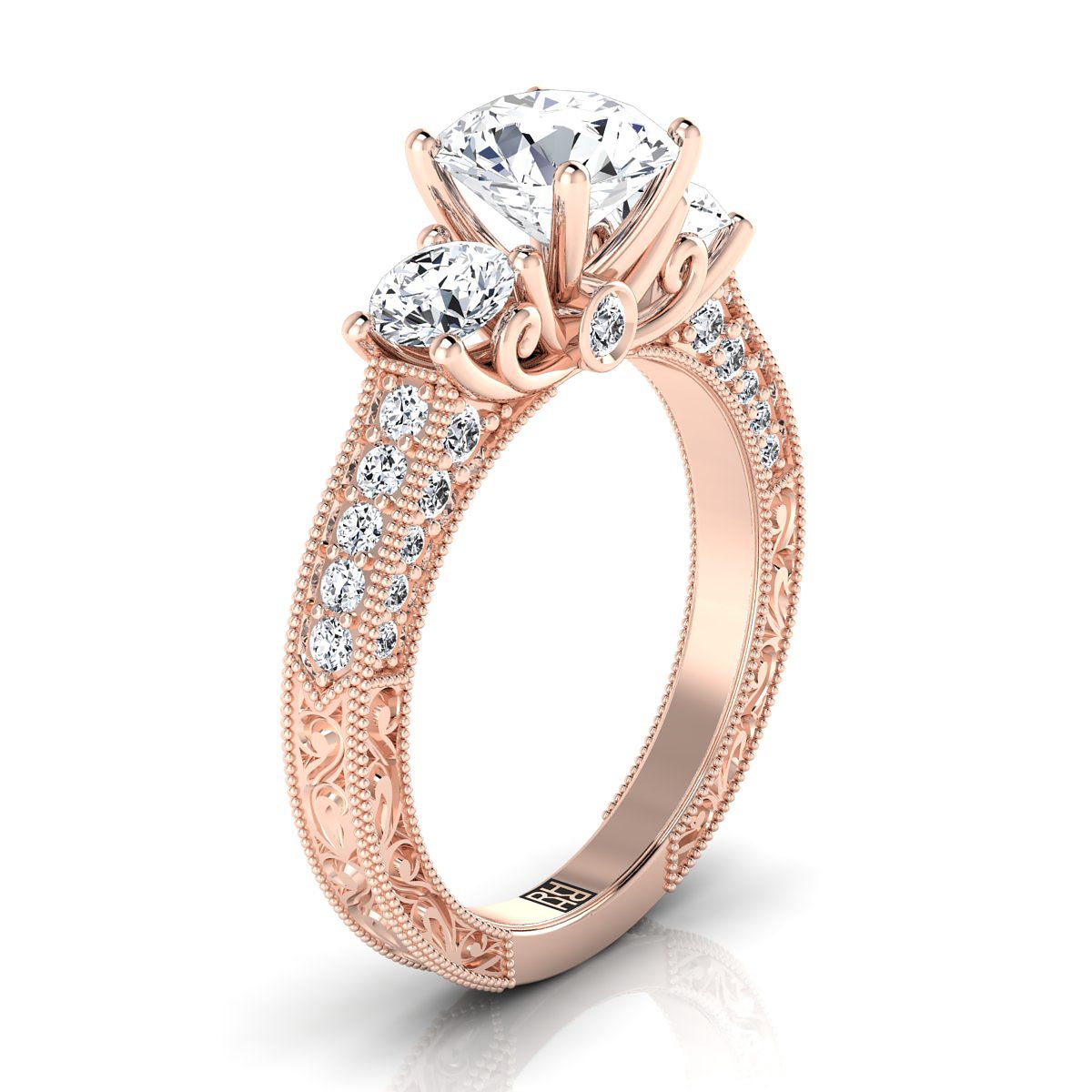 14K Rose Gold Round Brilliant Vintage สามหินโบราณ Scroll Beaded แหวนหมั้น -7/8ctw