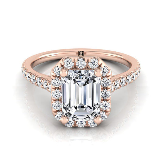 14K Rose Gold Emerald Cut Classic French Pave Halo and Linear Engagement Ring -3/8ctw