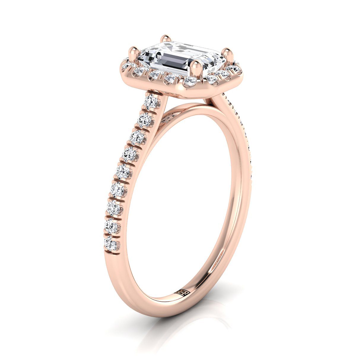 14K Rose Gold Emerald Cut Classic French Pave Halo and Linear Engagement Ring -3/8ctw