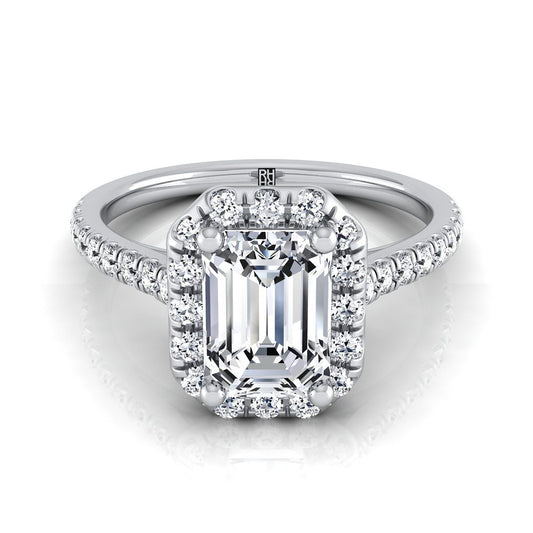 Platinum Emerald Cut Classic French Pave Halo และแหวนหมั้นเชิงเส้น -3/8ctw