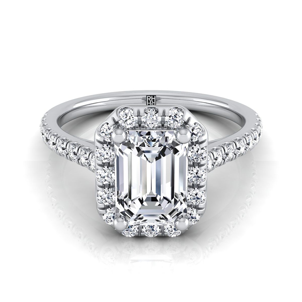 18K White Gold Emerald Cut Classic French Pave Halo and Linear Engagement Ring -3/8ctw