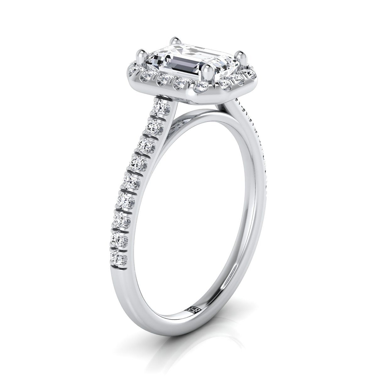 14K White Gold Emerald Cut Classic French Pave Halo and Linear Engagement Ring -3/8ctw