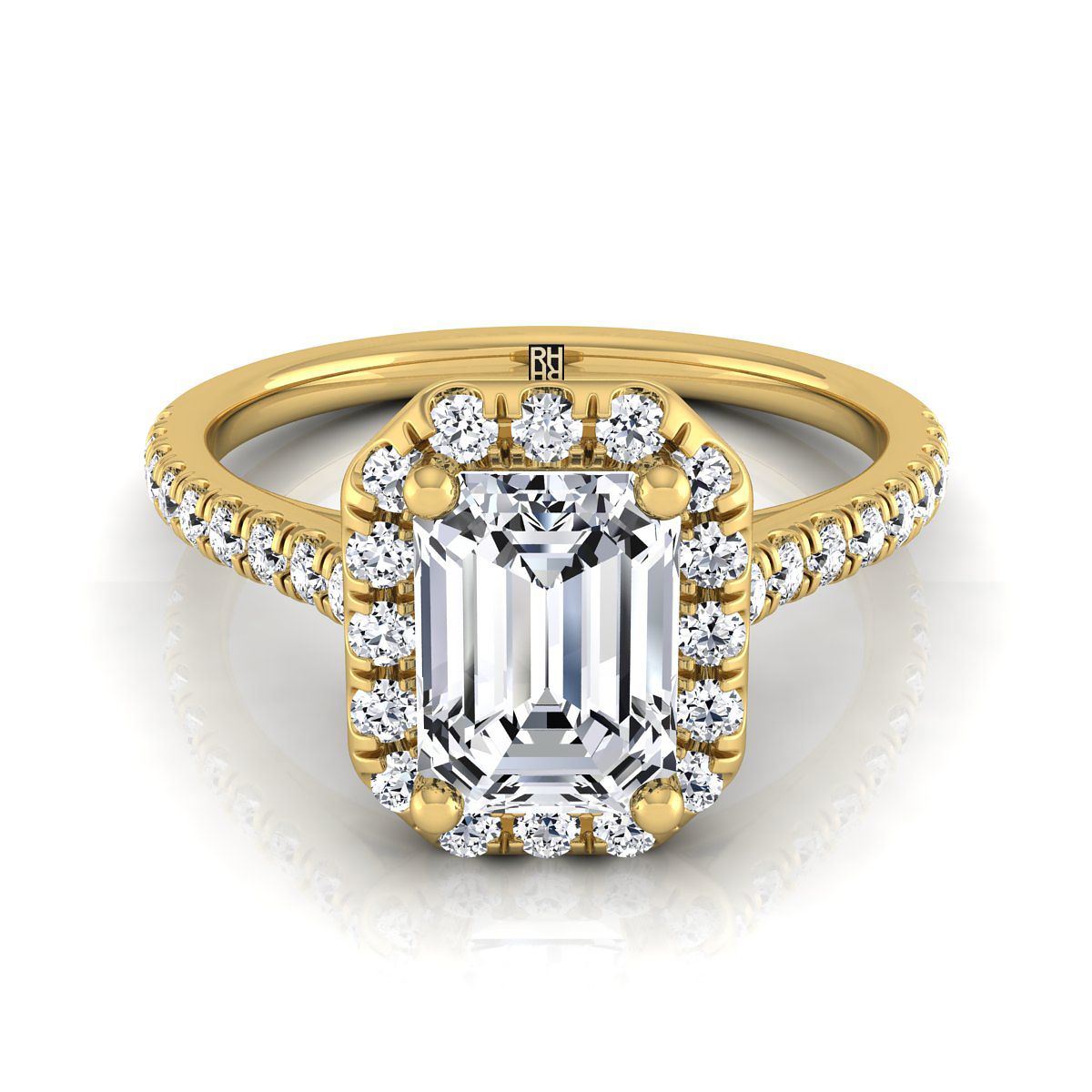 14K สีเหลืองทอง Emerald Cut Classic French Pave Halo และแหวนหมั้นเชิงเส้น -3/8ctw