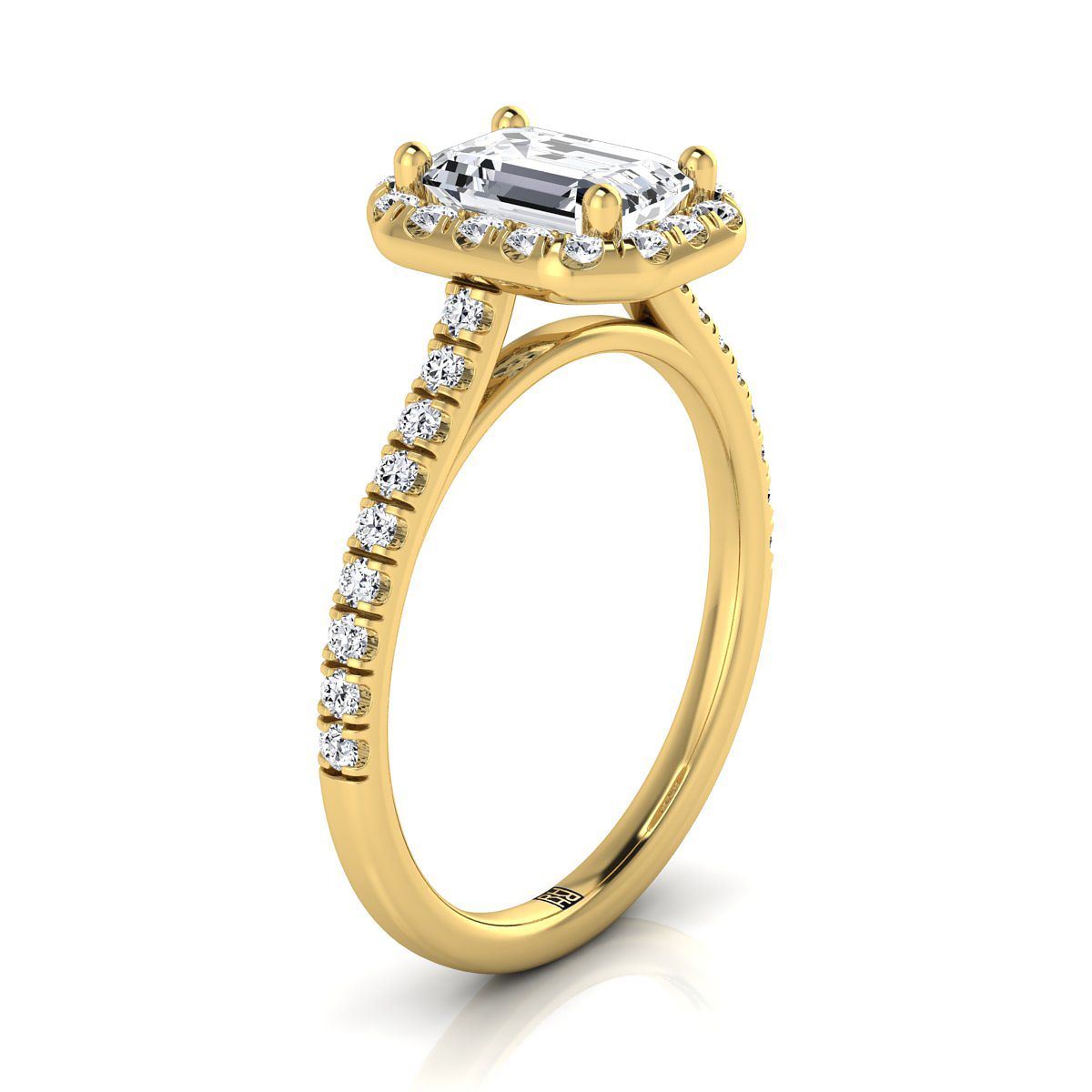 14K สีเหลืองทอง Emerald Cut Classic French Pave Halo และแหวนหมั้นเชิงเส้น -3/8ctw