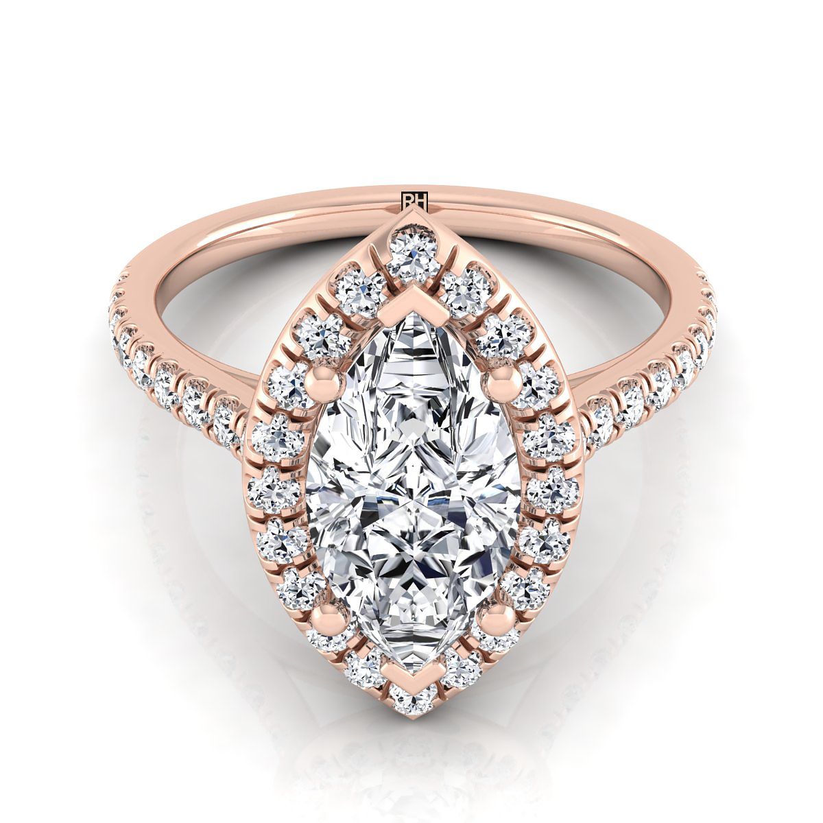 14K Rose Gold Marquise Classic French Pave Halo และแหวนหมั้นเชิงเส้น -1/2ctw