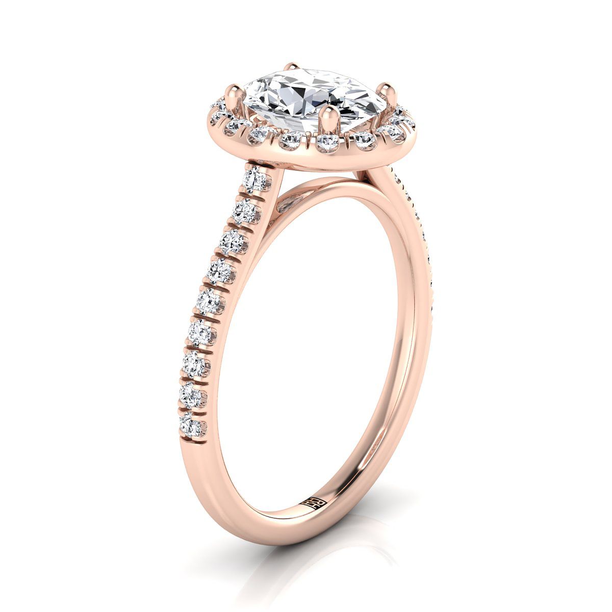 14K Rose Gold Oval Classic French Pave Halo และแหวนหมั้นเชิงเส้น -3/8ctw