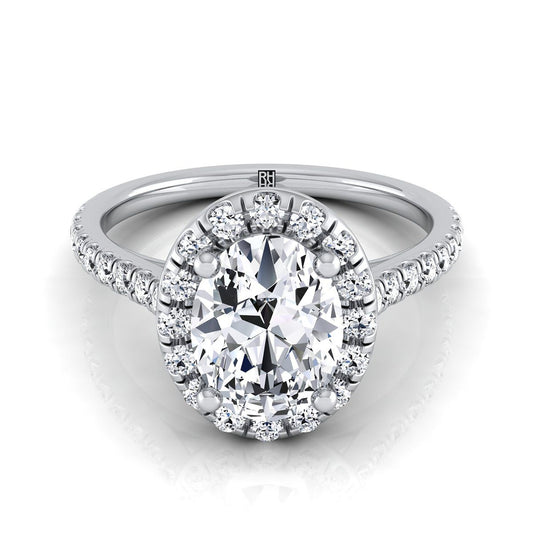 Platinum Oval Classic French Pave Halo and Linear Engagement Ring -3/8ctw