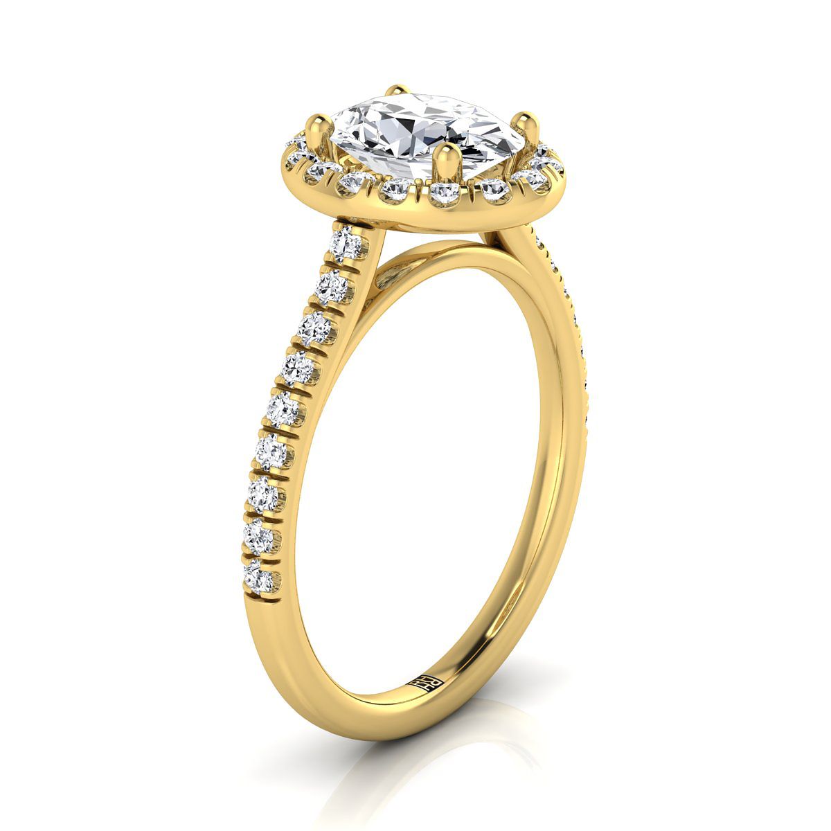 14K Yellow Gold Oval Classic French Pave Halo และ Linear Engagement Ring -3/8ctw