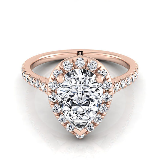 14K Rose Gold Pear Shape Center Classic French Pave Halo และ Linear Engagement Ring -3/8ctw