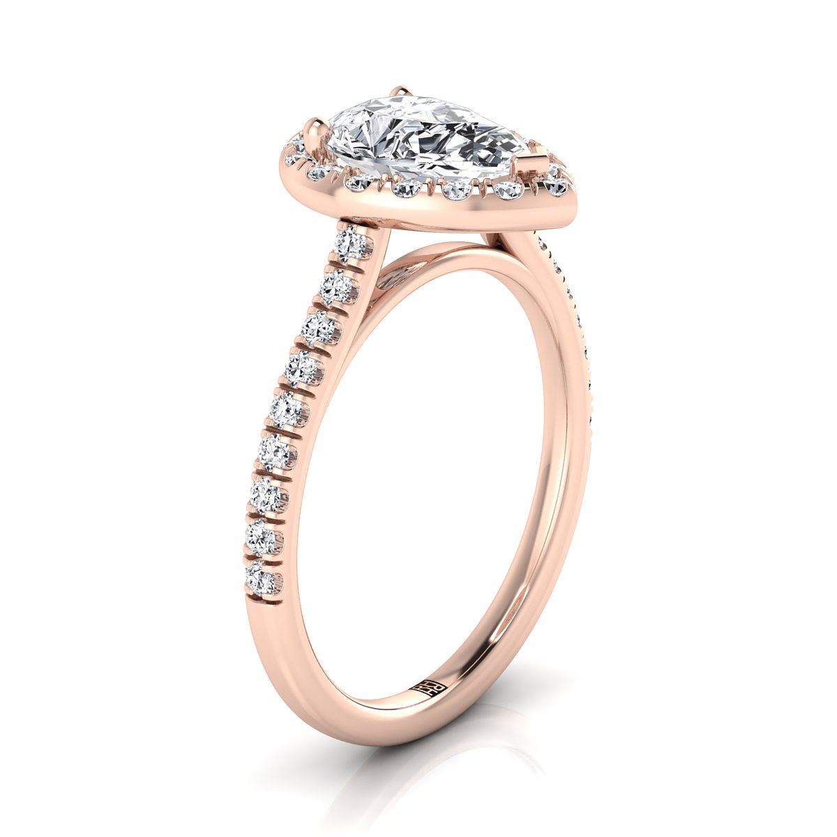 14K Rose Gold Pear Shape Center Classic French Pave Halo และ Linear Engagement Ring -3/8ctw