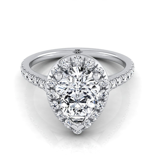 Platinum Pear Shape Center Classic French Pave Halo and Linear Engagement Ring -3/8ctw