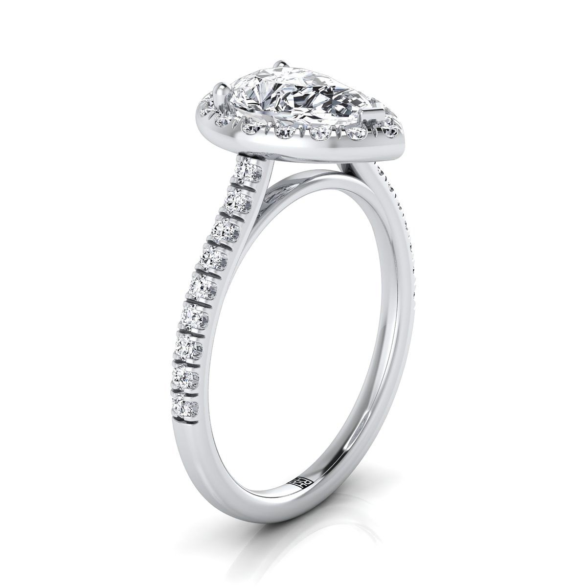 14K White Gold Pear Shape Center Classic French Pave Halo and Linear Engagement Ring -3/8ctw