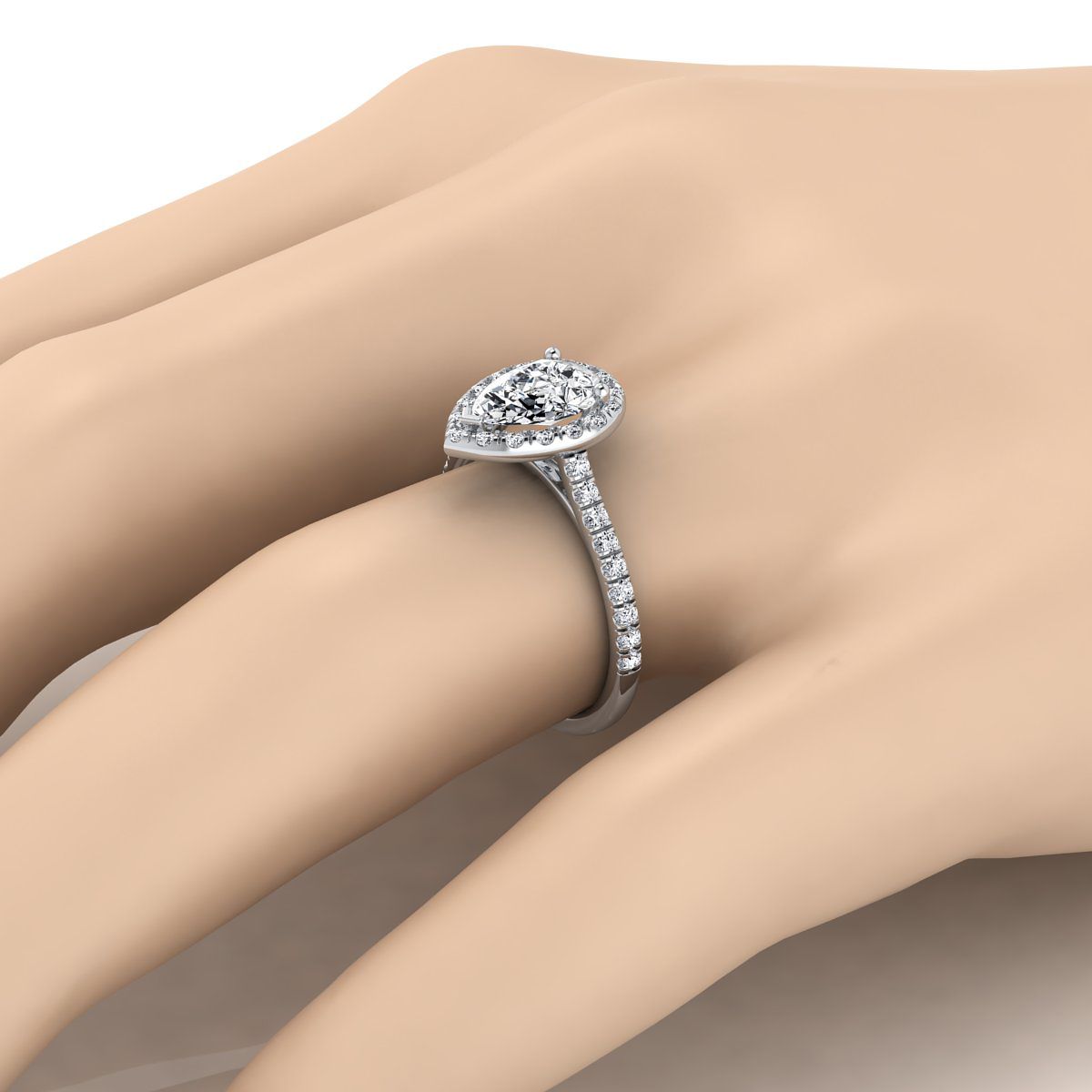 14K White Gold Pear Shape Center Classic French Pave Halo and Linear Engagement Ring -3/8ctw