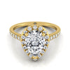 18K Yellow Gold Pear Shape Center Classic French Pave Halo and Linear Engagement Ring -3/8ctw