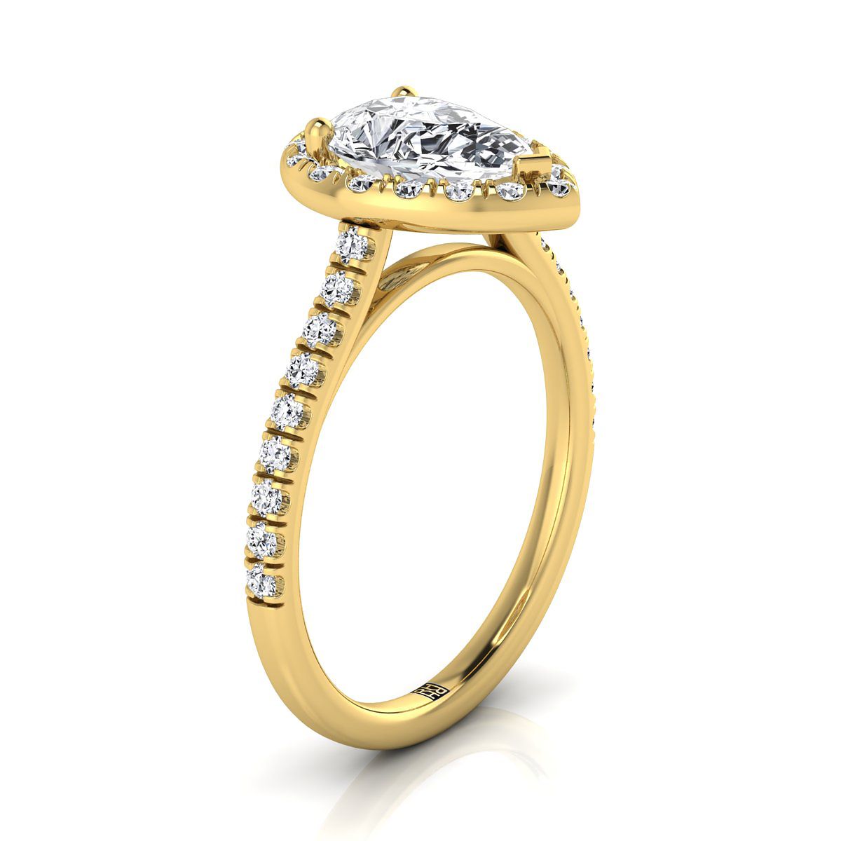 14K Yellow Gold Pear Shape Center Classic French Pave Halo and Linear Engagement Ring -3/8ctw