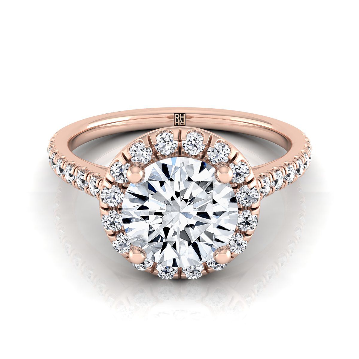 14K Rose Gold Round Brilliant Classic French Pave Halo และ Linear Engagement Ring -3/8ctw