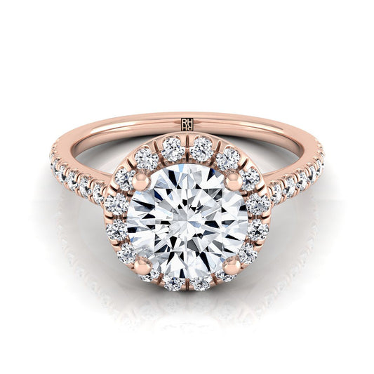 14K Rose Gold Round Brilliant Classic French Pave Halo และ Linear Engagement Ring -3/8ctw