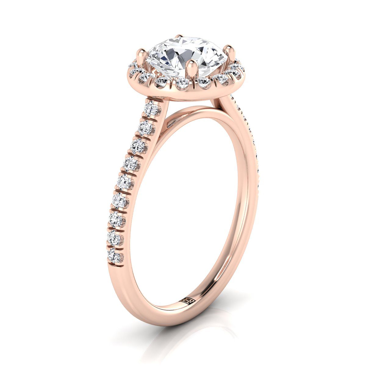 14K Rose Gold Round Brilliant Classic French Pave Halo และ Linear Engagement Ring -3/8ctw