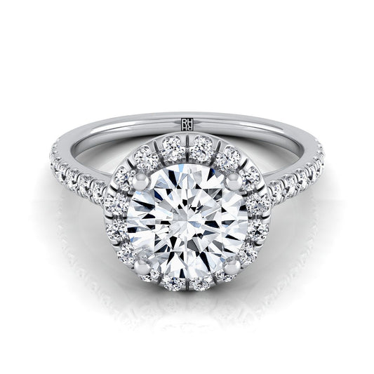 14K White Gold Round Brilliant Classic French Pave Halo และ Linear Engagement Ring -3/8ctw