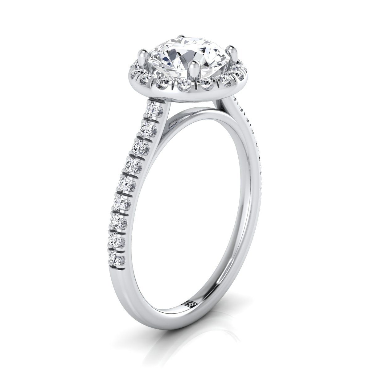 14K White Gold Round Brilliant Classic French Pave Halo และ Linear Engagement Ring -3/8ctw