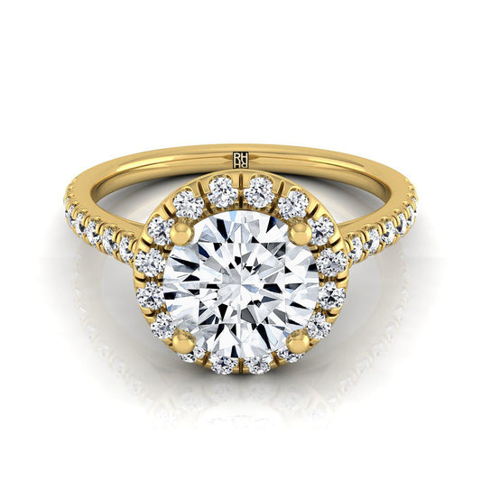 14K Yellow Gold Round Brilliant Classic French Pave Halo and Linear Engagement Ring -3/8ctw