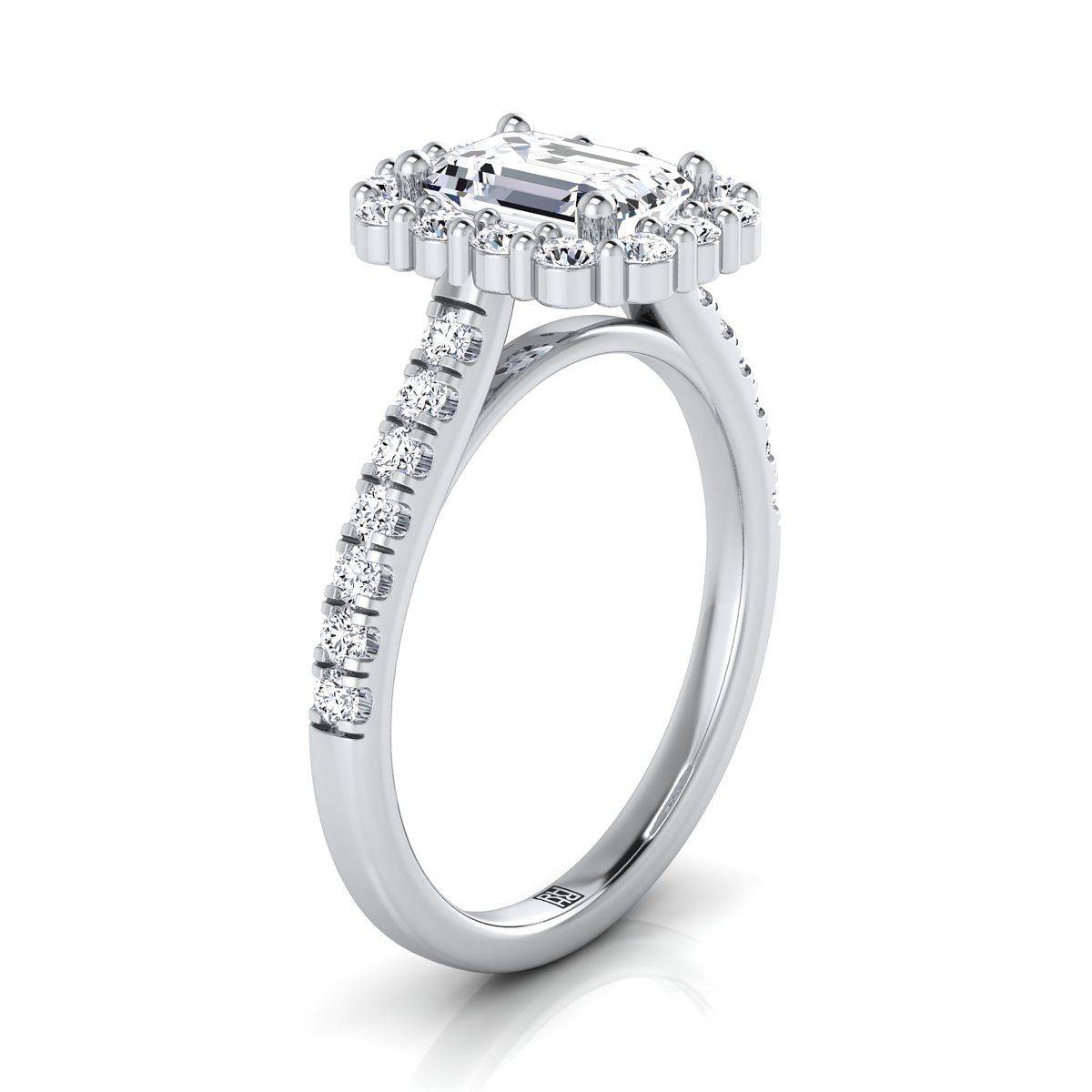 14K White Gold Emerald Cut Diamond Shared Prong Halo Engagement Ring -5/8ctw